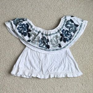 Free People White Blouse with Blue Embroidery